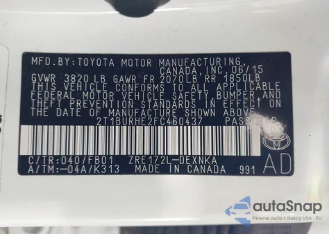 2015 Toyota Corolla Le from USA, damaged, VIN 2T1BURHE2FC460437